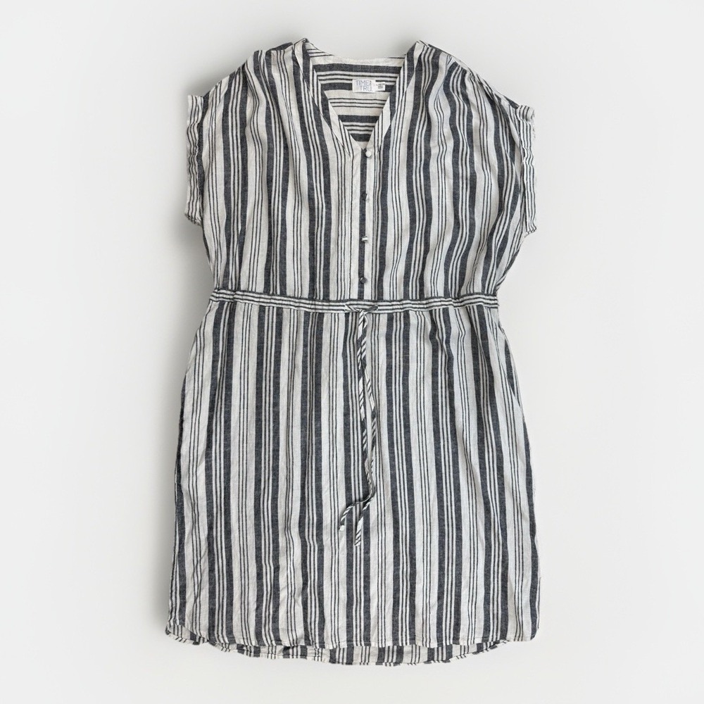 Striped‎ Linen Blend Dress L 12 14 Nautical Coastal Beachy Boho Tunic
